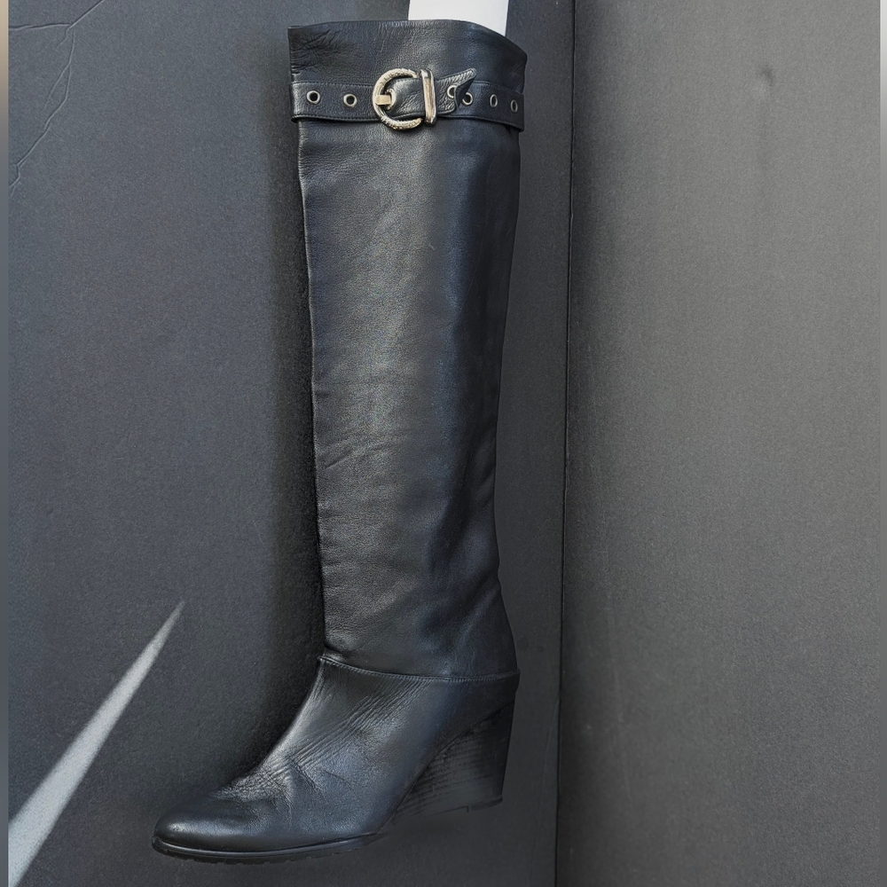 Wedge Heel Knee High Leather Boots Black 9 Goth Spain Witchy Boots